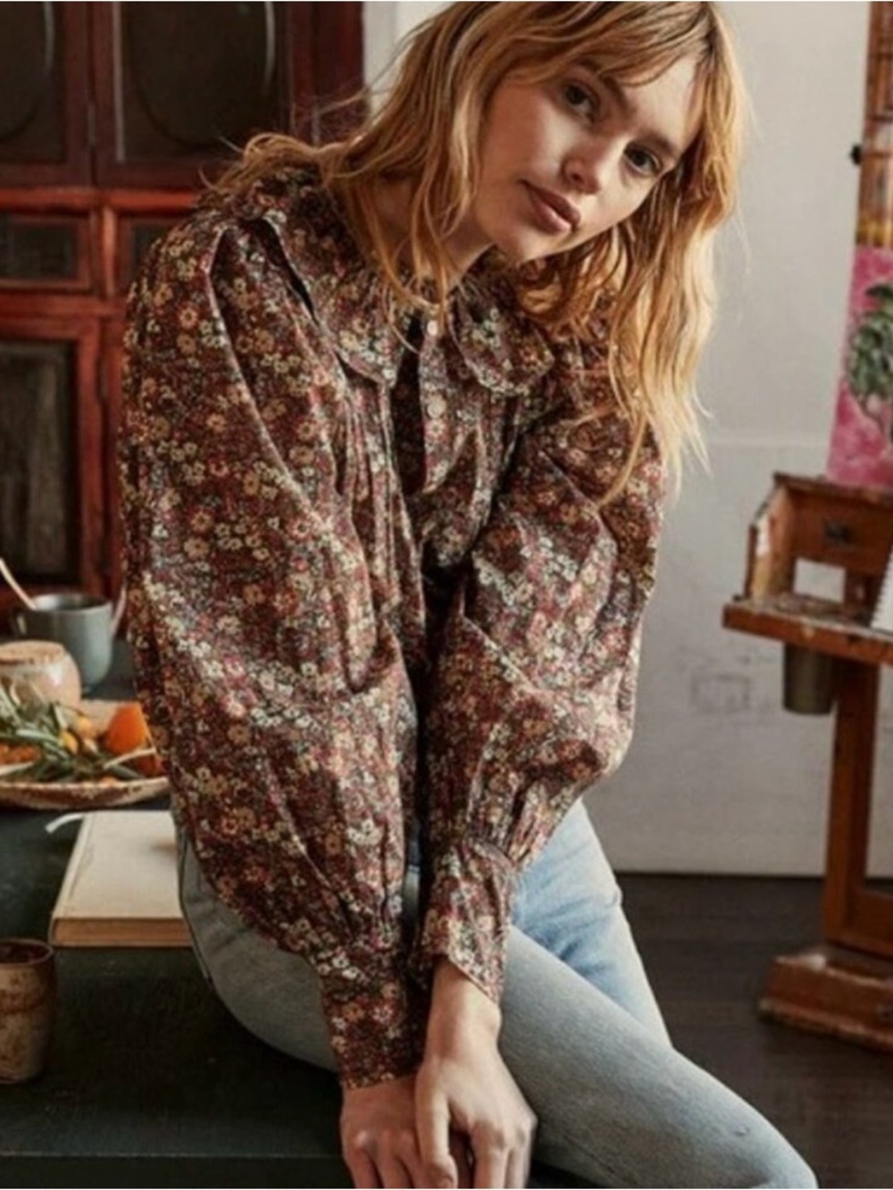 Doen Pierette Top Liberty Brown Floral Button-Front, M, NWT